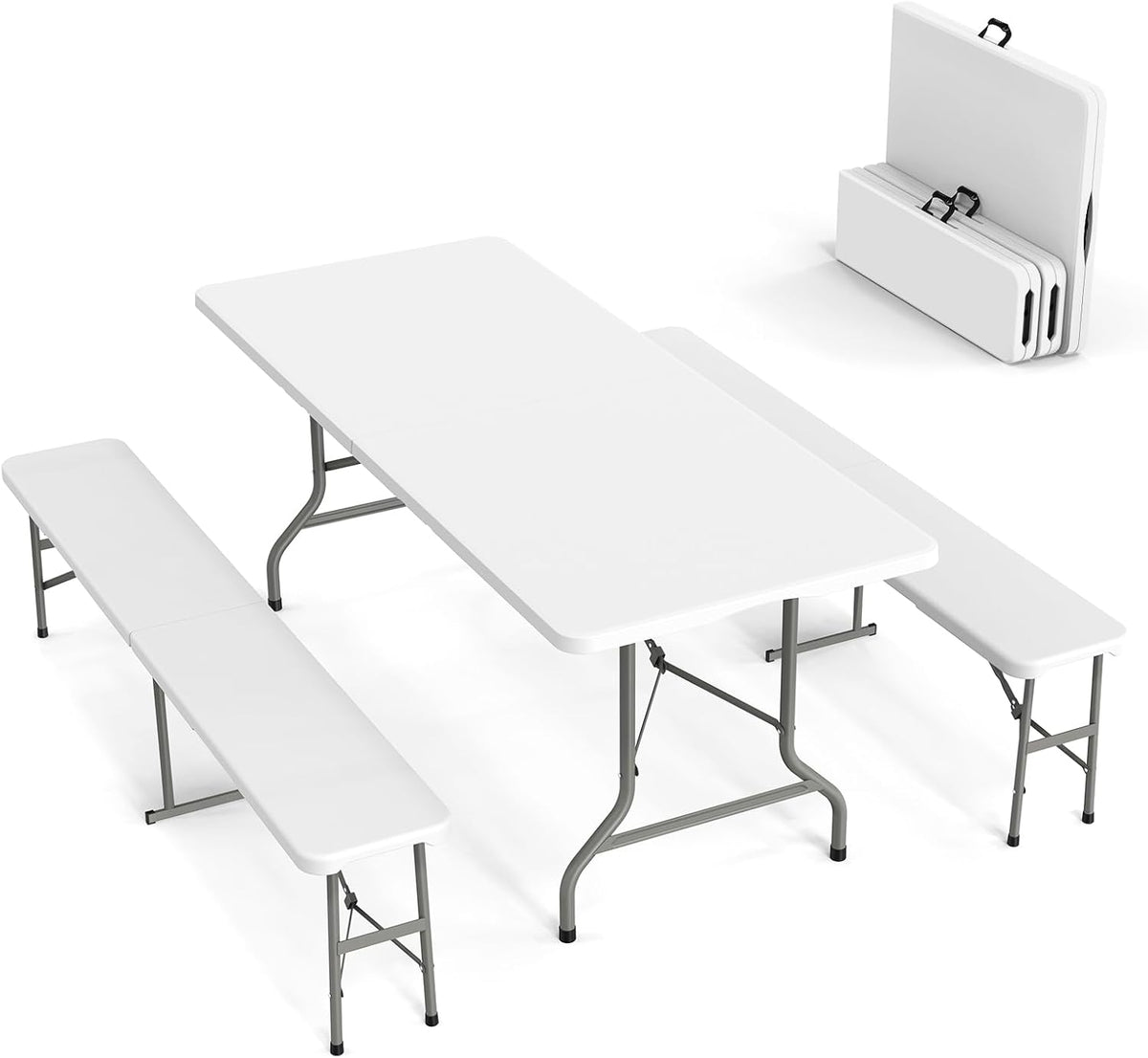6 Ft Folding Picnic Table with 2 Benches (3-Piece Set) - White.