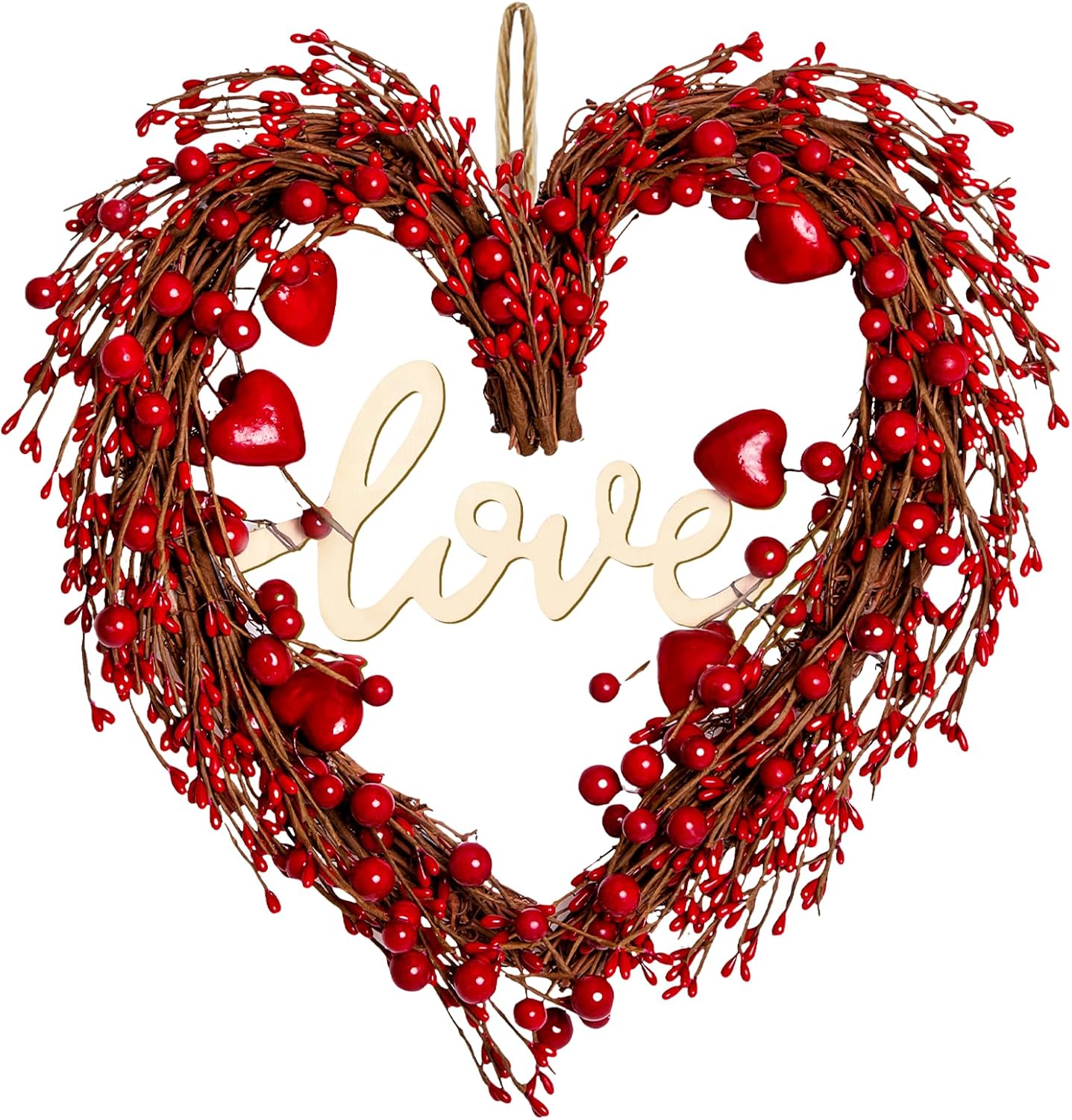 Valentine's Day Wreath for Front Door – Heart Shaped & Traditional Wreath with Red Rose, Berries & Eucalyptus Greenery, Farmhouse Wall Home Porch Decor - Red 14" Heart Berry Valentine’s Wreath