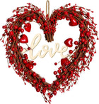 Valentine's Day Wreath for Front Door – Heart Shaped & Traditional Wreath with Red Rose, Berries & Eucalyptus Greenery, Farmhouse Wall Home Porch Decor