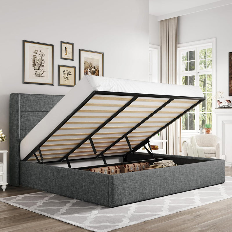 Lift-Up Storage Bed Frame with Upholstered Wingback Headboard