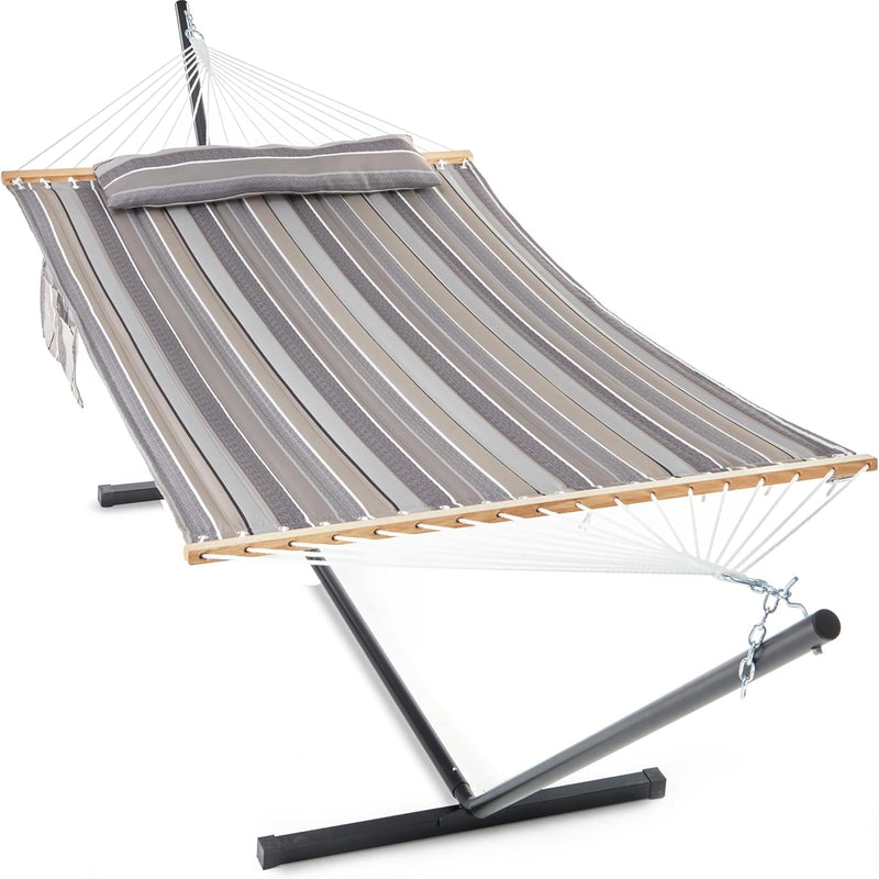 Outdoor Double Hammock with Stand for 2 – Heavy Duty Steel Frame, Pillow Included