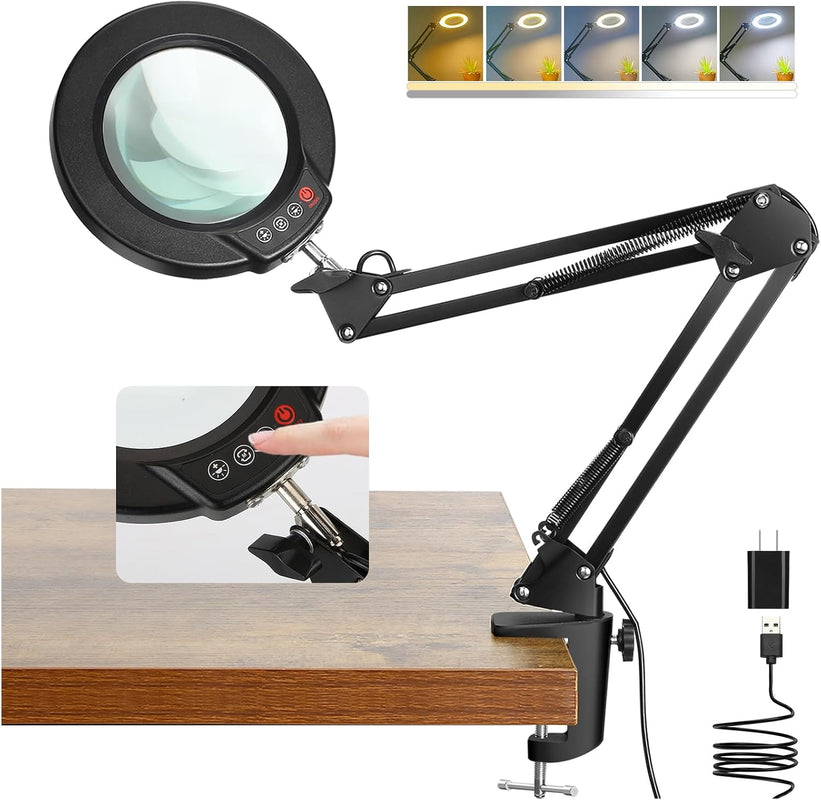 Black 10X LED magnifying lamp shown in base-mount and clamp-mount setups with USB power adapter