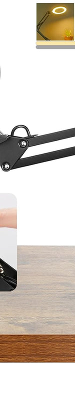 Black 10X LED magnifying lamp shown in base-mount and clamp-mount setups with USB power adapter - Black 10X