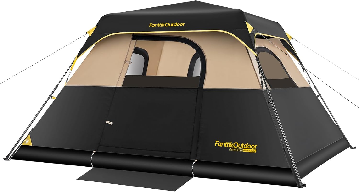 4-6 PERSON INSTANT CABIN CAMPING TENT – WATERPROOF FAMILY TENT WITH RAINFLY & CARRY BAG - Khaki 6-Person Cabin Tent