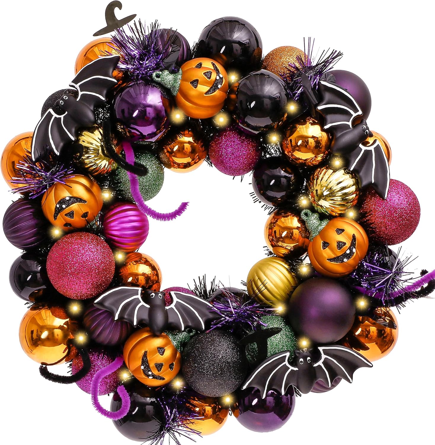 Halloween Wreath for Front Door – Pumpkin & Ghost Halloween Door Decorations, Pre-Lit Porch Wall Party Decor - Black Orange & Purple 12" Pre-Lit Halloween Ornament Wreath
