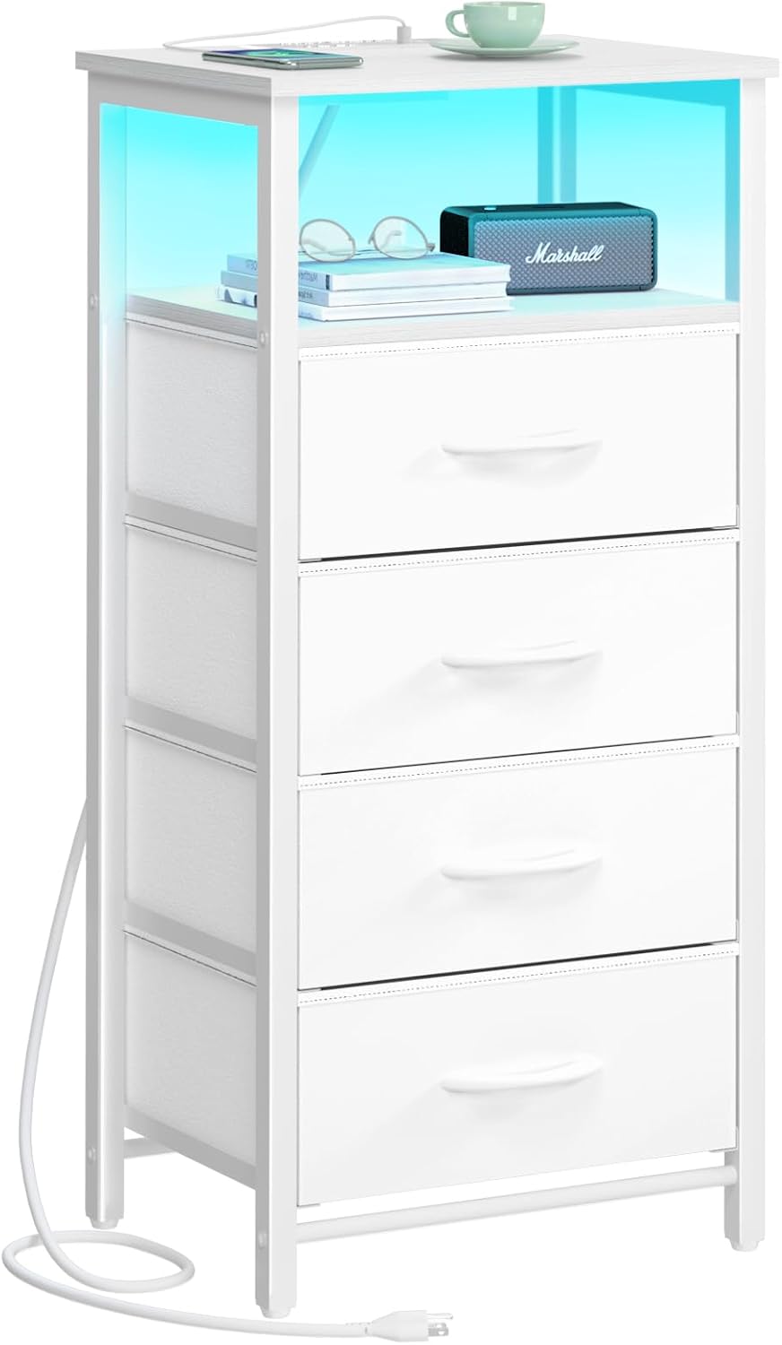 LED NIGHTSTAND WITH CHARGING STATION – TALL BEDSIDE TABLE WITH STORAGE DRAWERS - White 4-Drawer RGB LED Nightstand with Charging Station