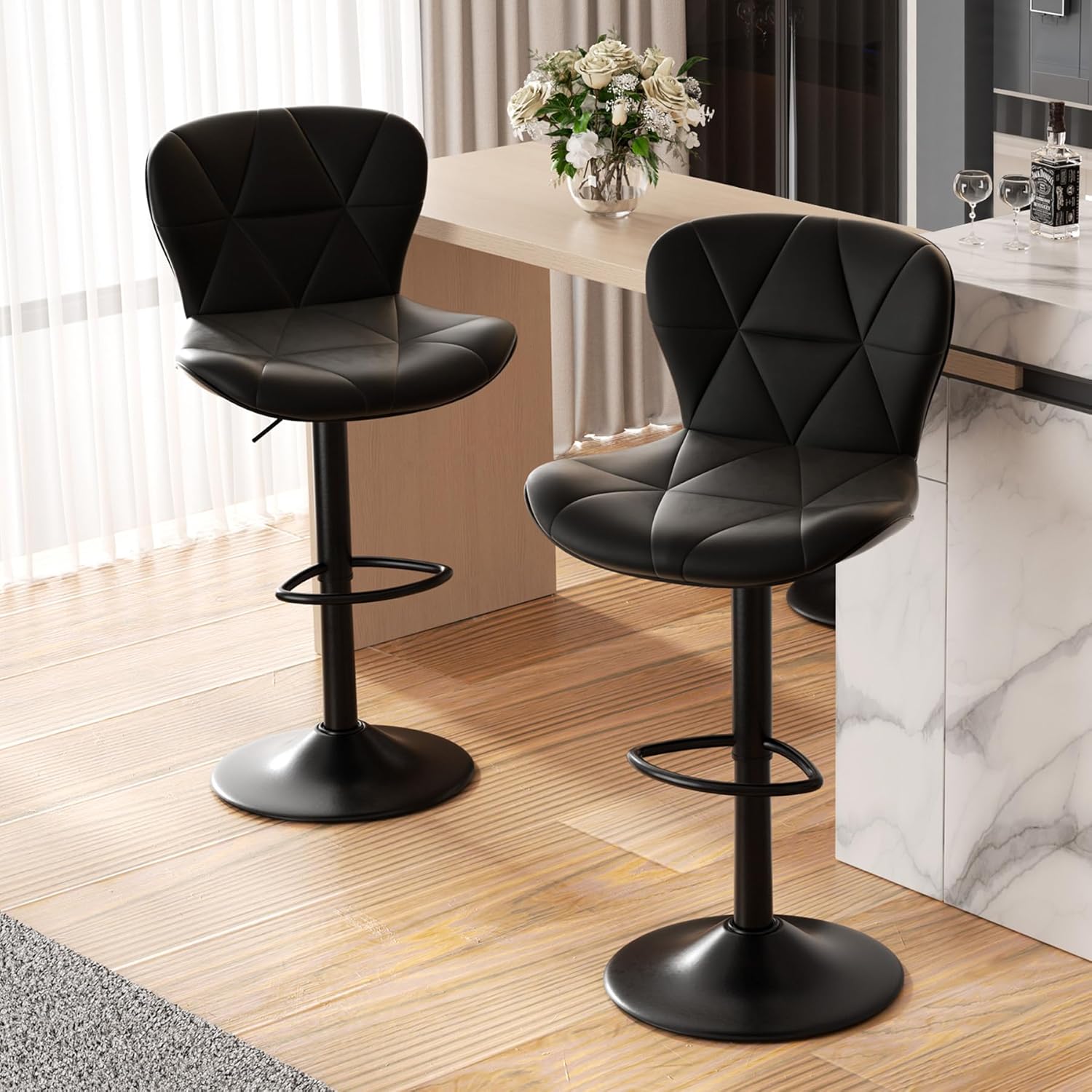 COUNTER BAR STOOLS SET OF 2 – ADJUSTABLE SWIVEL FAUX LEATHER SEATS - Black Set of 2 Adjustable Faux Leather Swivel Bar Stools