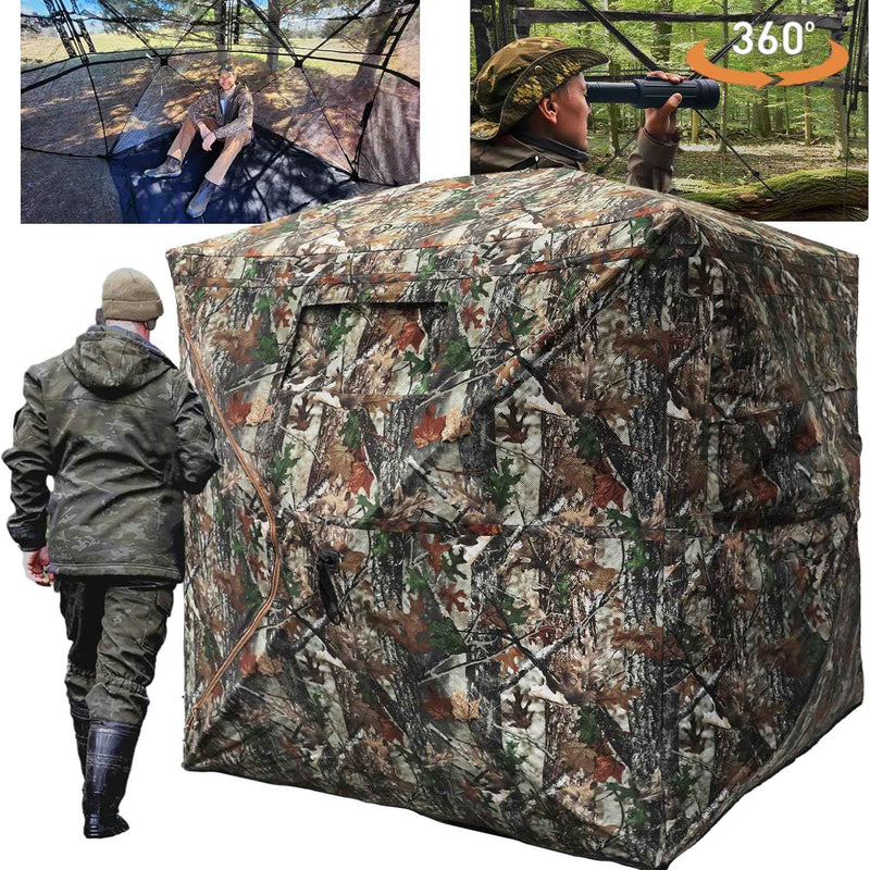 Hunting Blind with Floor Mat, 360 Degree See Through Ground Blind with Carrying Bag, 2/3/4 Person Pop Up Camouflage Tent Portable Concealed Shelter