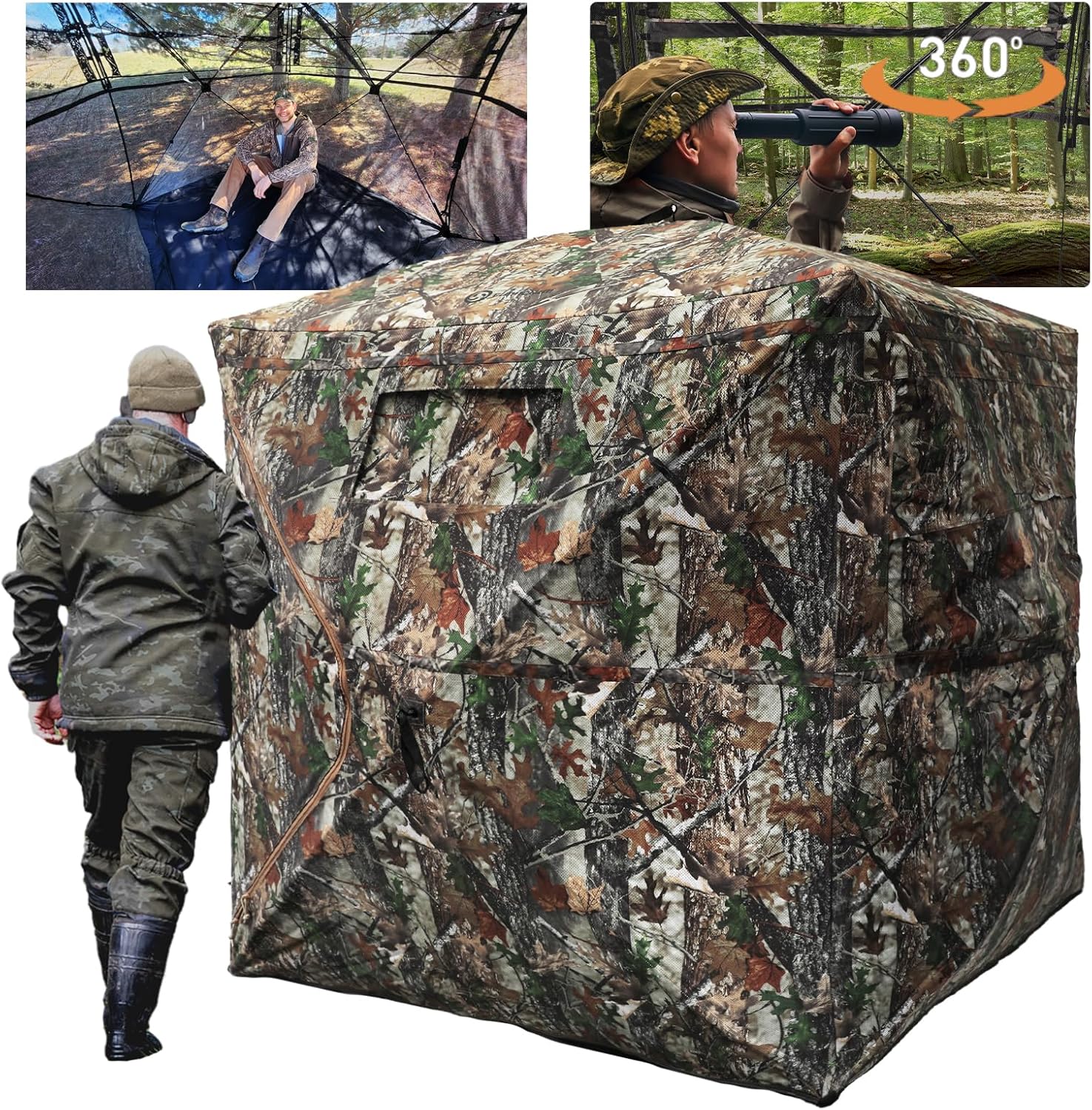 Hunting Blind with Floor Mat, 360 Degree See Through Ground Blind with Carrying Bag, 2/3/4 Person Pop Up Camouflage Tent Portable Concealed Shelter - 2-3 person 360 deg 58"L X 58"W X 66"H