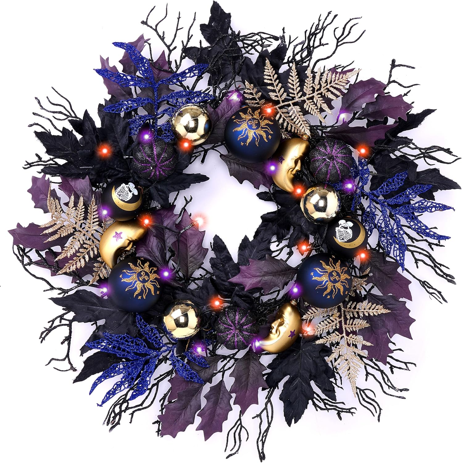 HALLOWEEN WREATH WITH LIGHTS FOR FRONT DOOR – PRE-LIT PUMPKIN, WITCH & GOTHIC PORCH DÉCOR - Lighted 24–25" Purple Witch Halloween Wreath