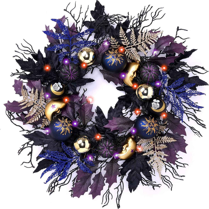 HALLOWEEN WREATH WITH LIGHTS FOR FRONT DOOR – PRE-LIT PUMPKIN, WITCH & GOTHIC PORCH DÉCOR