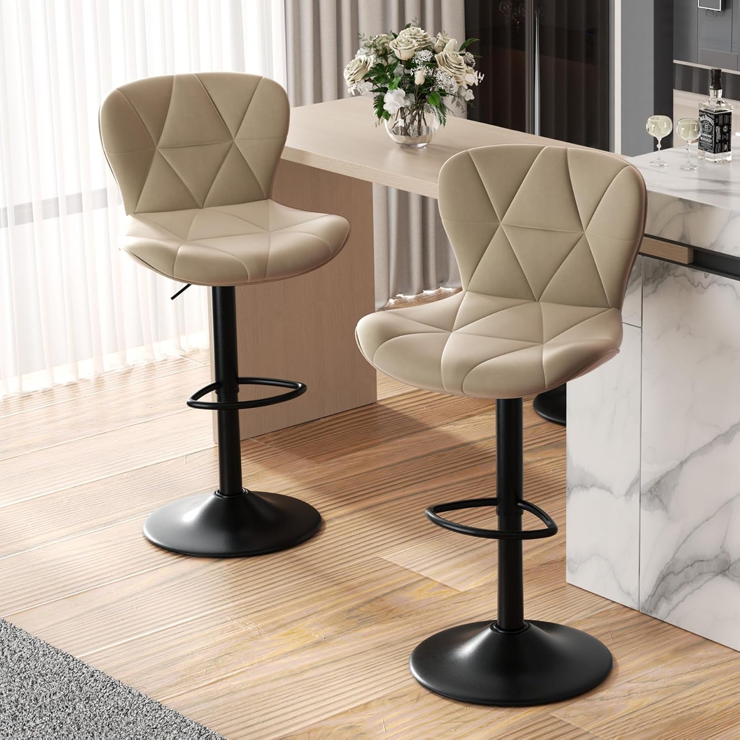 COUNTER BAR STOOLS SET OF 2 – ADJUSTABLE SWIVEL FAUX LEATHER SEATS - Khaki Set of 2 Adjustable Faux Leather Swivel Bar Stools