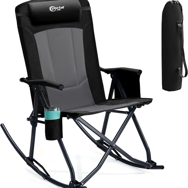 High Back Folding Rocking Camping Chair – Oversized Portable Outdoor Rocker with Cup Holder, Carry Bag & Heavy-Duty Steel Frame