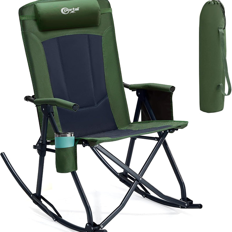 High Back Folding Rocking Camping Chair – Oversized Portable Outdoor Rocker with Cup Holder, Carry Bag & Heavy-Duty Steel Frame
