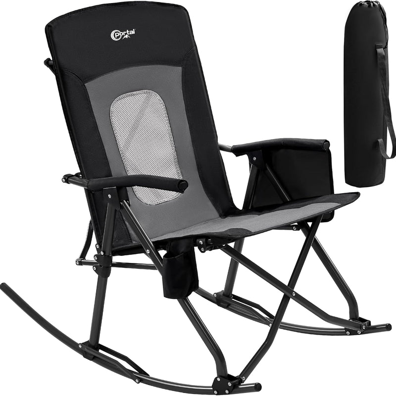 High Back Folding Rocking Camping Chair – Oversized Portable Outdoor Rocker with Cup Holder, Carry Bag & Heavy-Duty Steel Frame