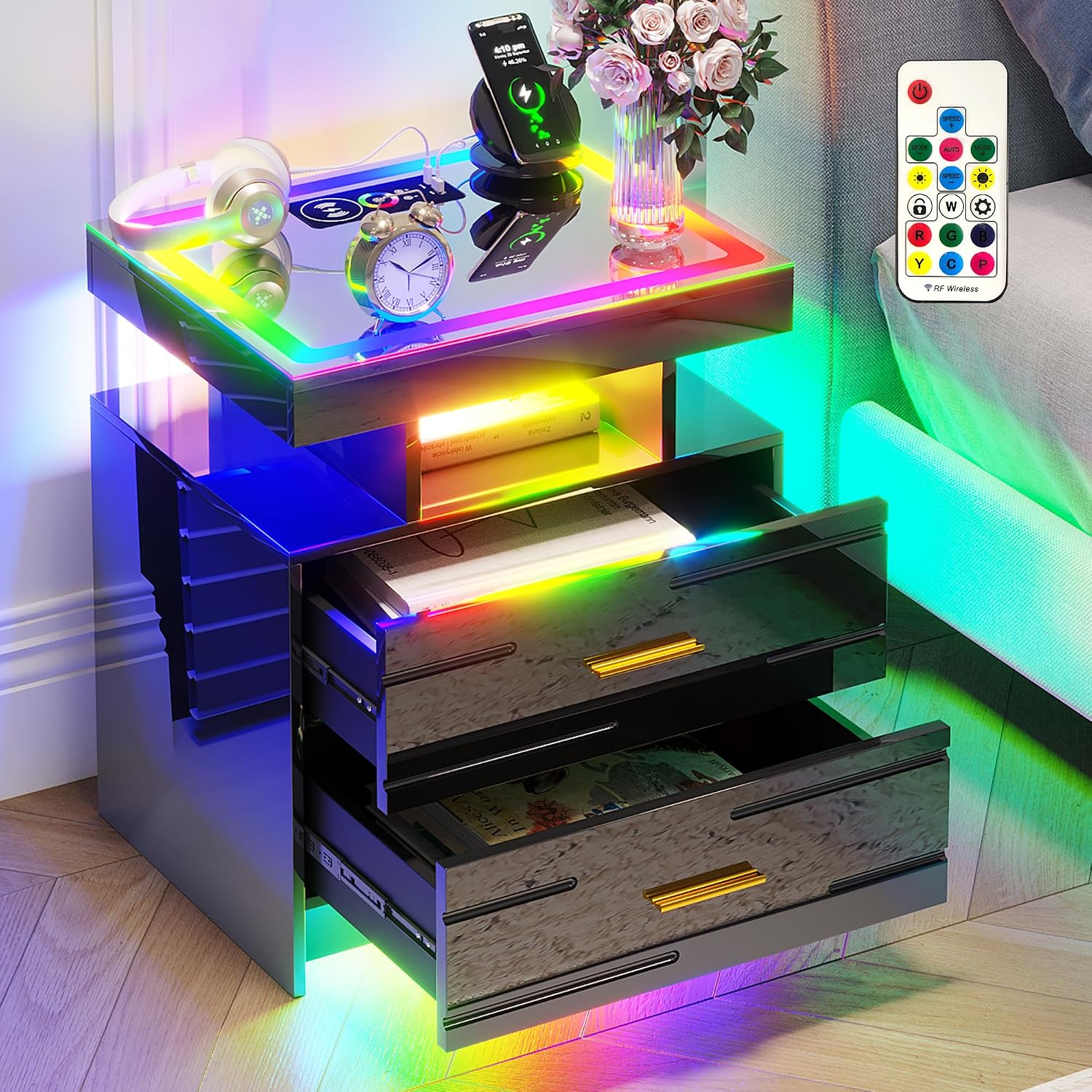 NIGHTSTAND WITH CHARGING STATION – LED, USB-C & DRAWERS - Black 2-Drawer Smart RGB LED Nightstand