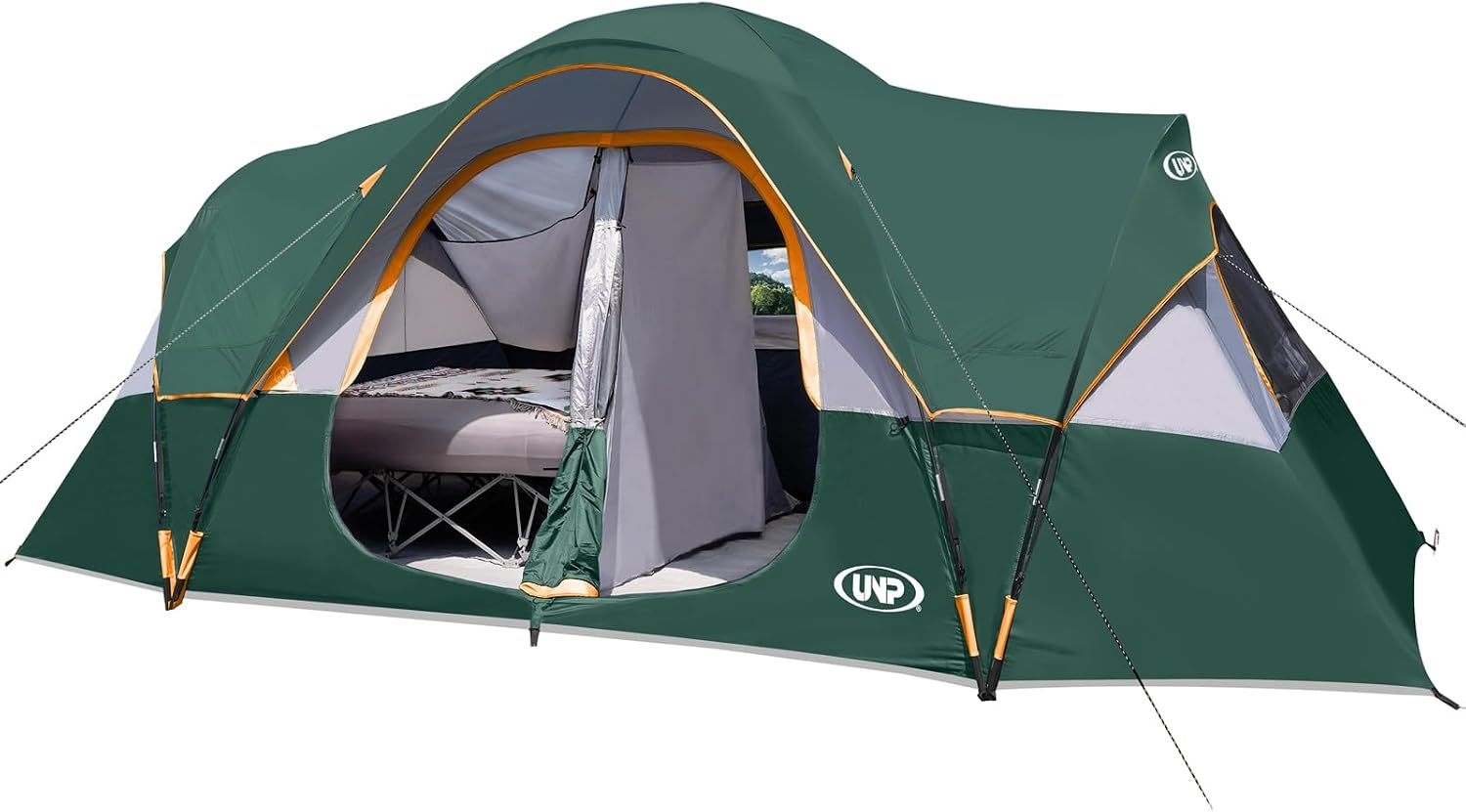 10–12 PERSON WATERPROOF CABIN CAMPING TENT WITH ROOM DIVIDERS, RAINFLY & CARRY BAG - Dark Green - 10 Person Tent