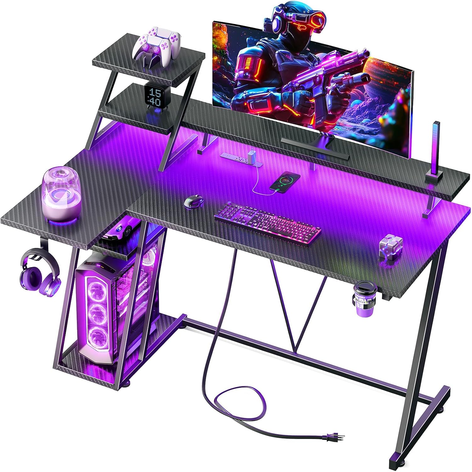 L-SHAPED GAMING DESK – LED LIGHTS & POWER OUTLETS - 40" Carbon Fiber Black L-Shaped Gaming Desk