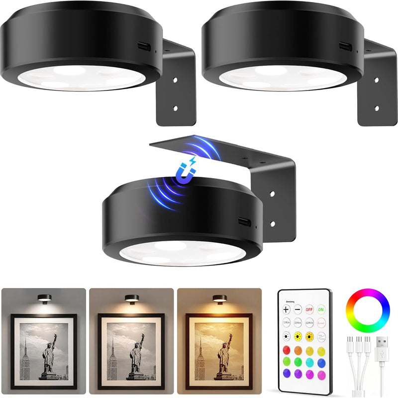Rechargeable Picture Lights for Wall, 3-Pack — Round or Rectangular