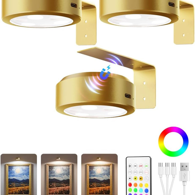 Rechargeable Picture Lights for Wall, 3-Pack — Round or Rectangular