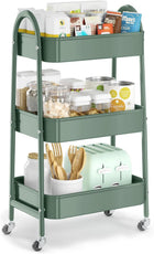 3-TIER ROLLING UTILITY CART – METAL STORAGE ORGANIZER WITH LOCKABLE WHEELS