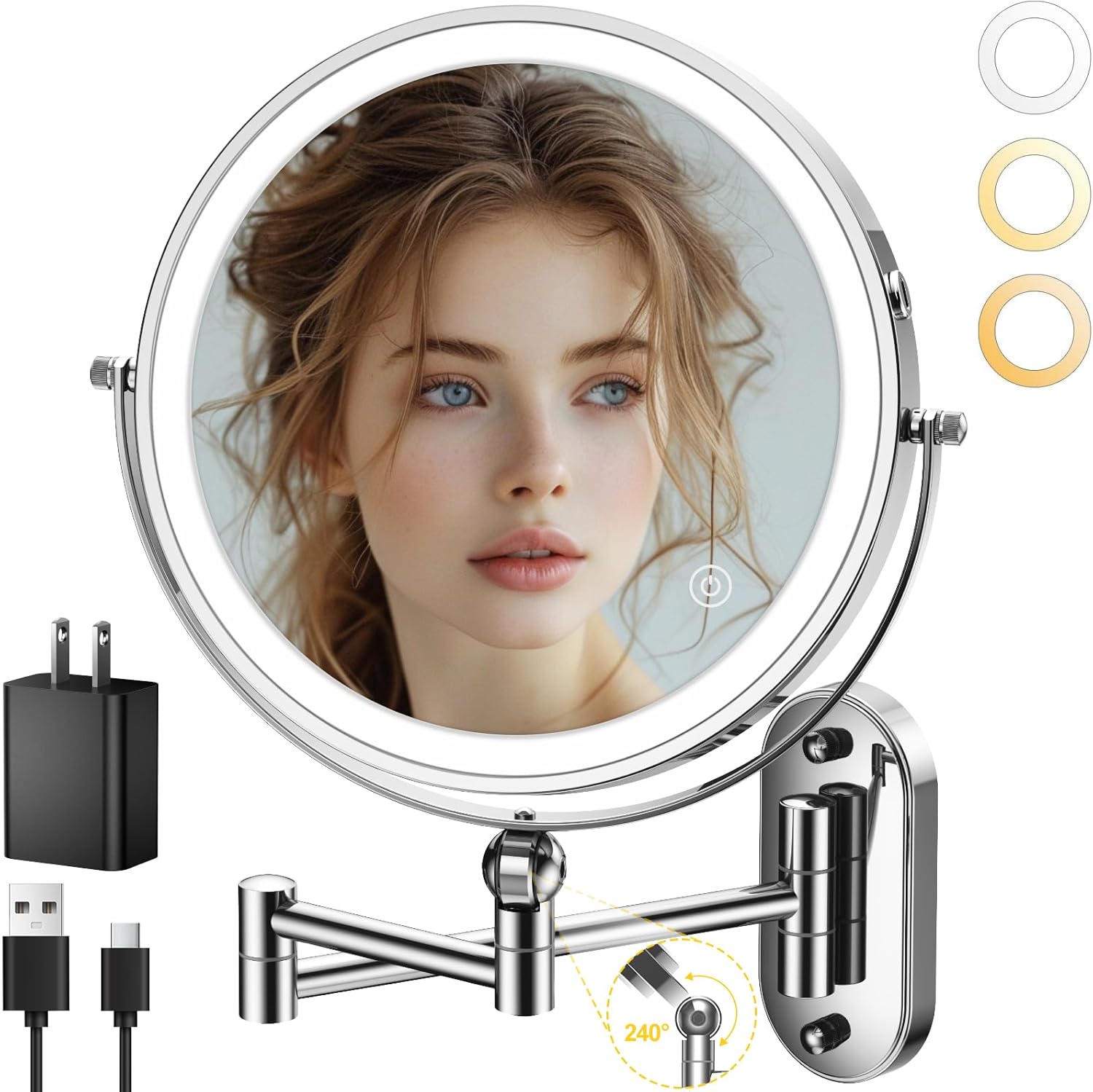 Round wall mounted LED makeup mirror in brushed nickel with illuminated ring light and extendable arm