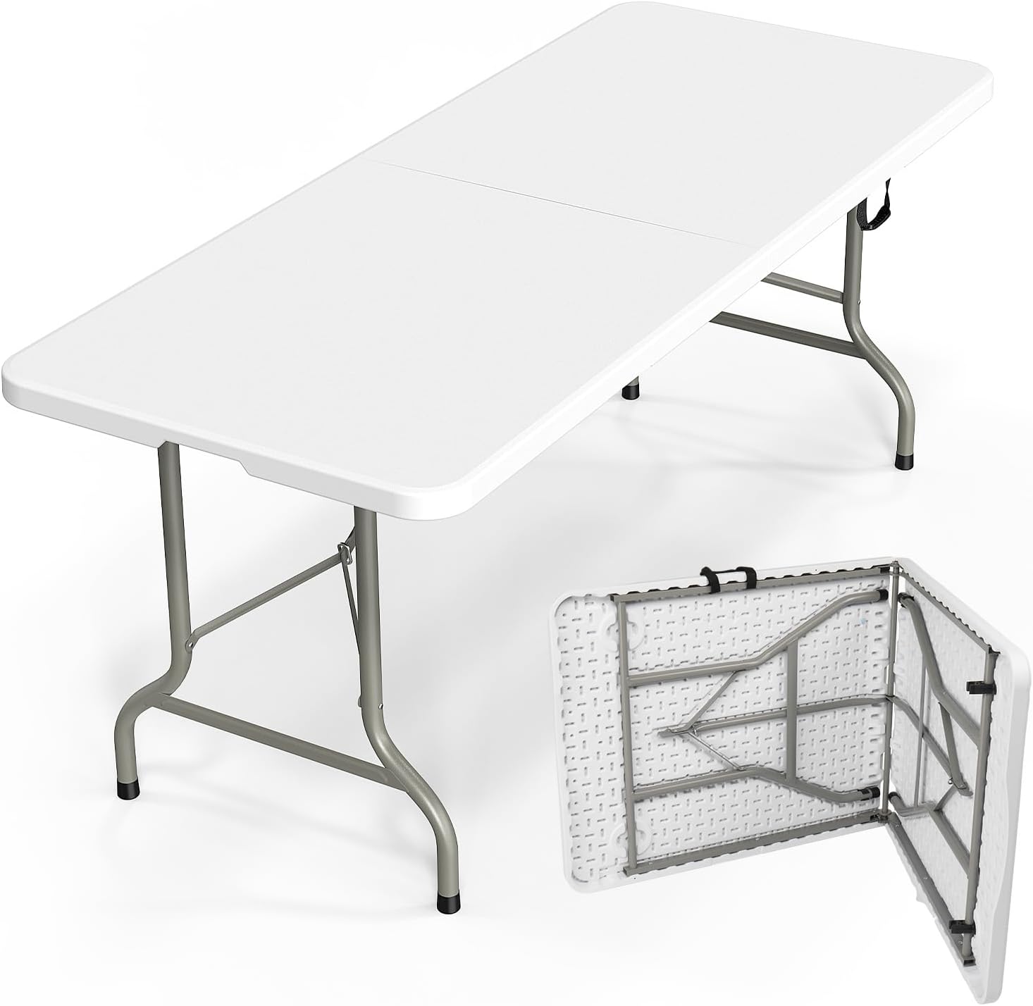 6 FT FOLDING CAMPING TABLE – PORTABLE INDOOR OUTDOOR TABLE WITH WATERPROOF HDPE TOP & CARRY HANDLE - 72"L x 30"W x 29"H  White