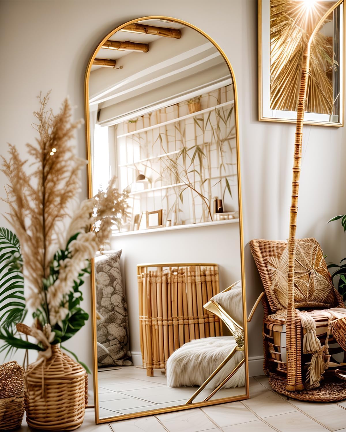 FULL LENGTH MIRROR – ARCHED STANDING & WALL-MOUNT DESIGN - Gold 58" Arched Full-Length Mirror with Stand