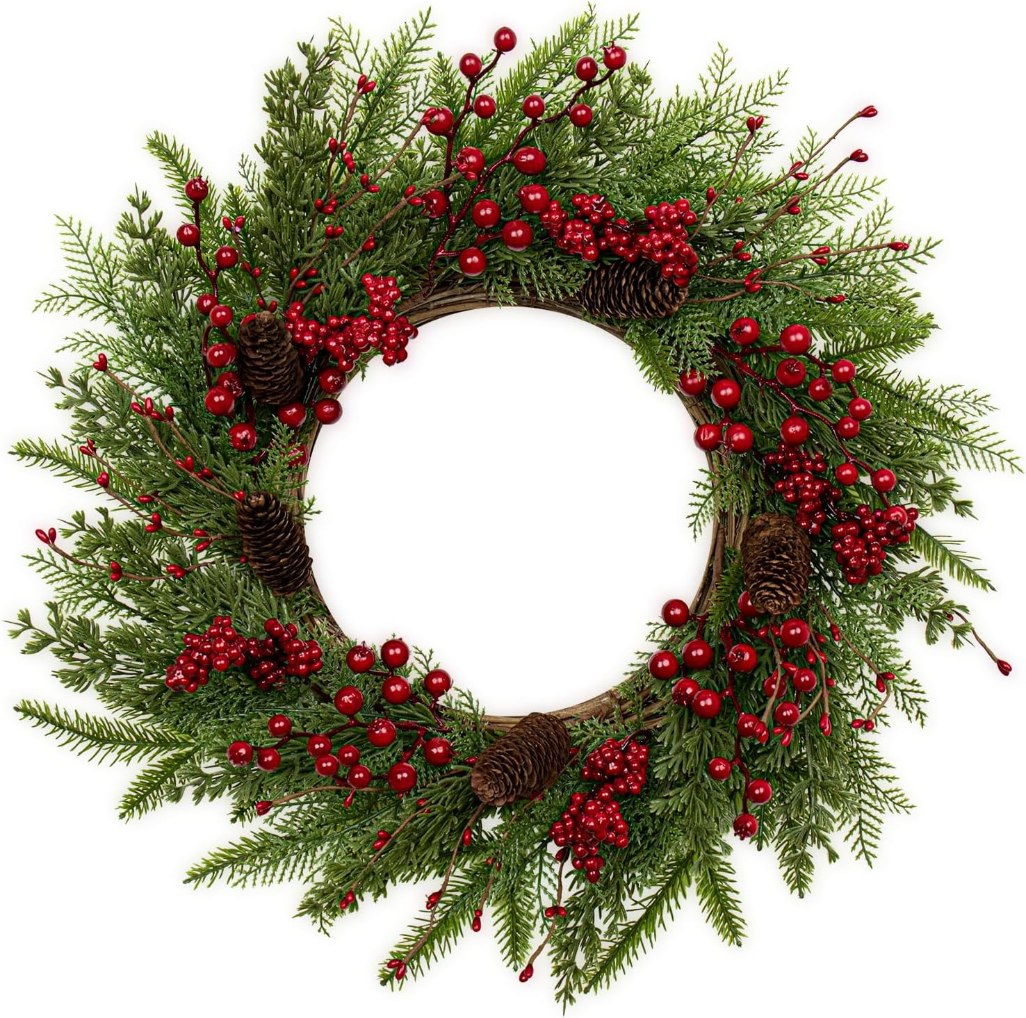CHRISTMAS BERRY WREATH FOR FRONT DOOR – WINTER PINE HOLIDAY DÉCOR - Green&red Berry & Pinecone 22" Christmas Wreath