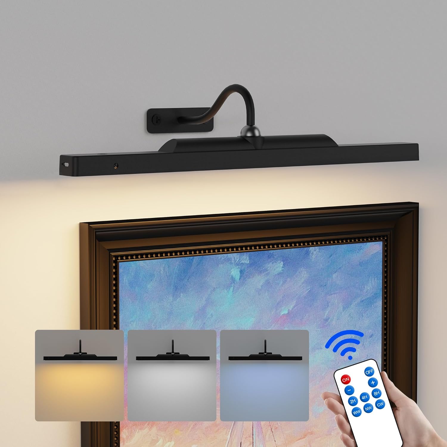 Picture Lights for Wall, Rechargeable Battery Operated LED Gallery Light Bar with Remote & Timer, Dimmable Wireless Wall Sconce for Paintings & Frames - Black 16" x 1.18" Rechargeable Picture Light