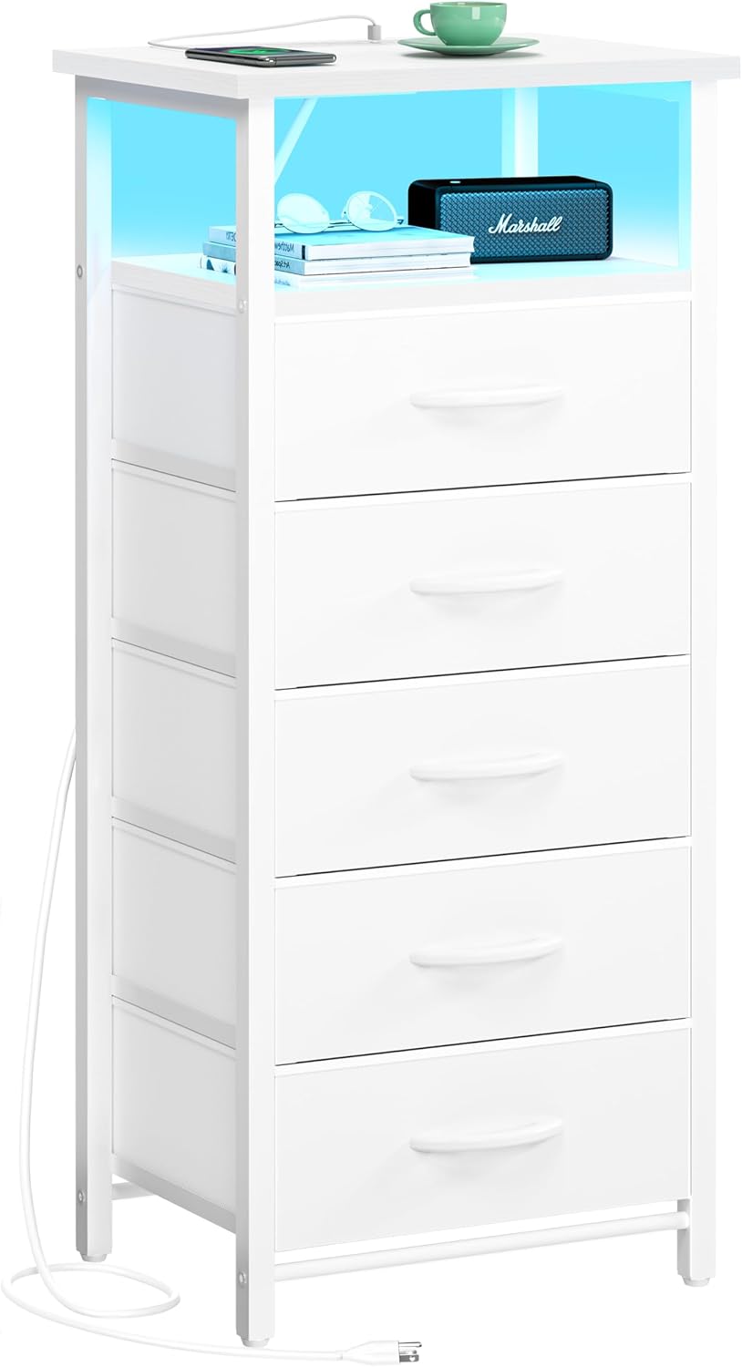 LED NIGHTSTAND WITH CHARGING STATION – TALL BEDSIDE TABLE WITH STORAGE DRAWERS - White 5-Drawer RGB LED Tall Nightstand with Charging Station