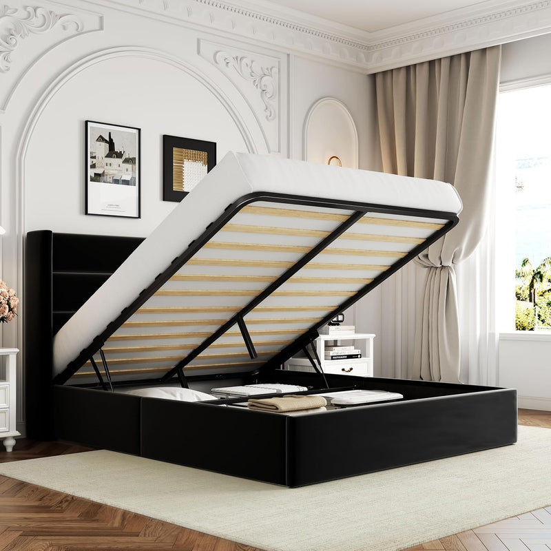 Lift-Up Storage Bed Frame with Upholstered Wingback Headboard