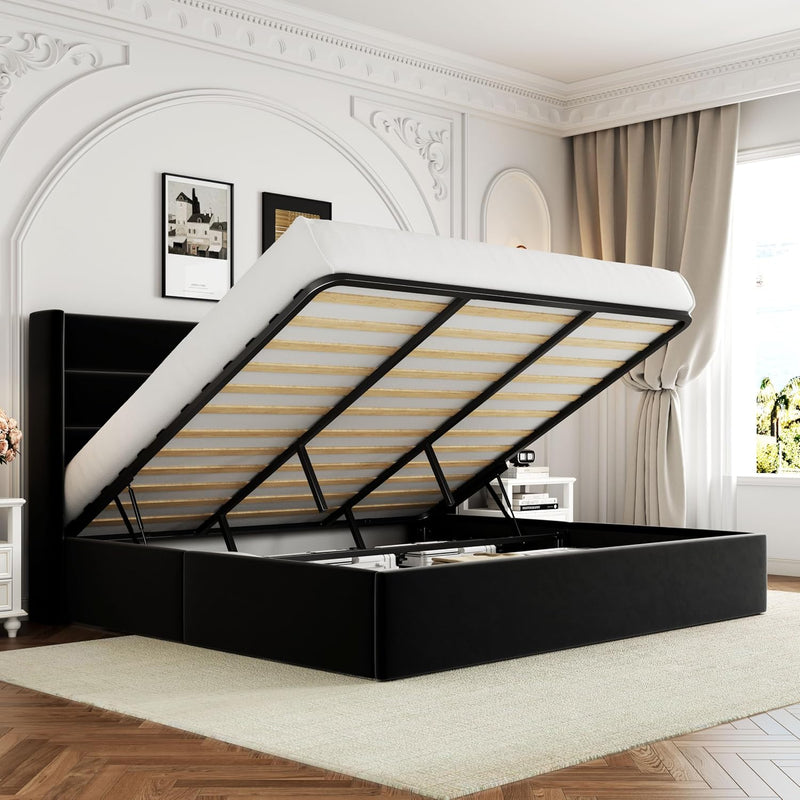 Lift-Up Storage Bed Frame with Upholstered Wingback Headboard