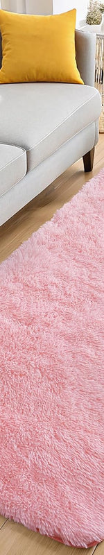 Beige faux rabbit fur shaggy rug shown flat from above - 2' x 8' (Runner) / pink