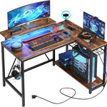 L-Shaped Gaming Desk with LED Lights & Power Outlets