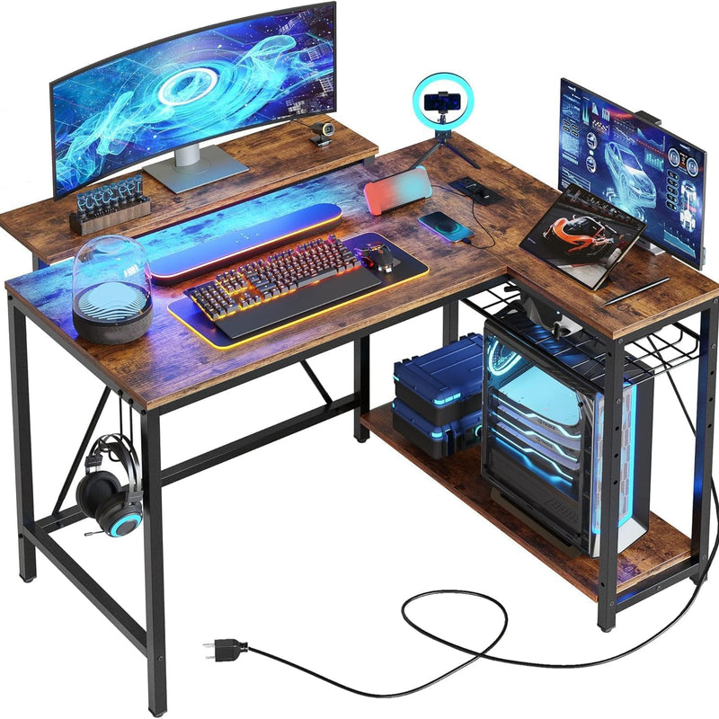 L-Shaped Gaming Desk with LED Lights & Power Outlets