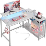 L-Shaped Gaming Desk with LED Lights & Power Outlets