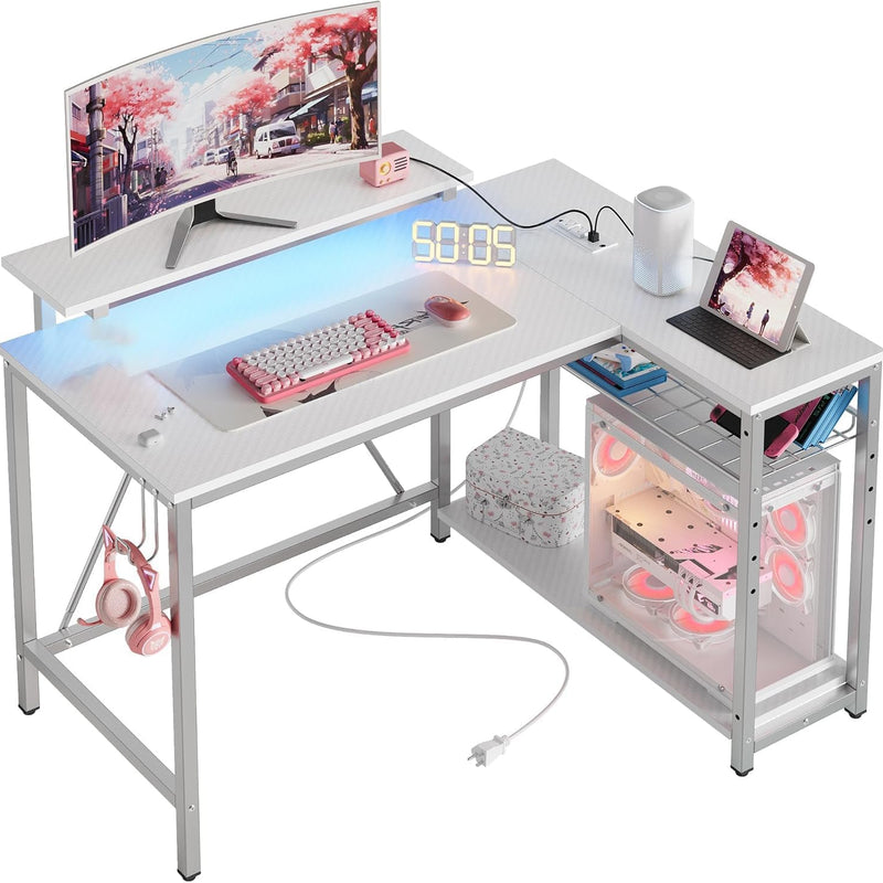 L-Shaped Gaming Desk with LED Lights & Power Outlets