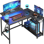 L-Shaped Gaming Desk with LED Lights & Power Outlets