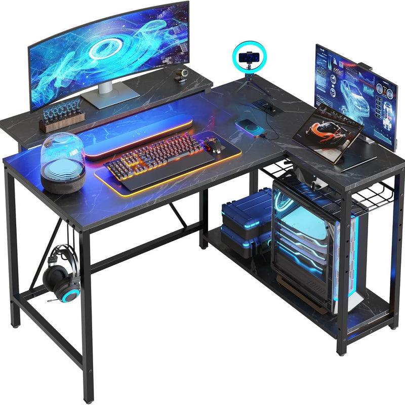 L-Shaped Gaming Desk with LED Lights & Power Outlets
