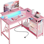 L-Shaped Gaming Desk with LED Lights & Power Outlets