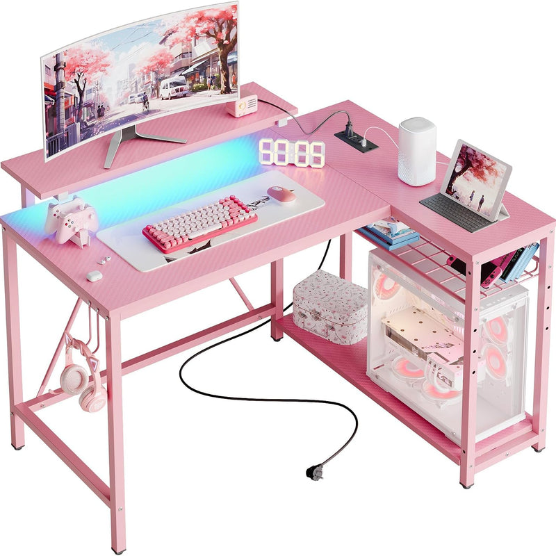 L-Shaped Gaming Desk with LED Lights & Power Outlets