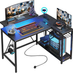 L-Shaped Gaming Desk with LED Lights & Power Outlets