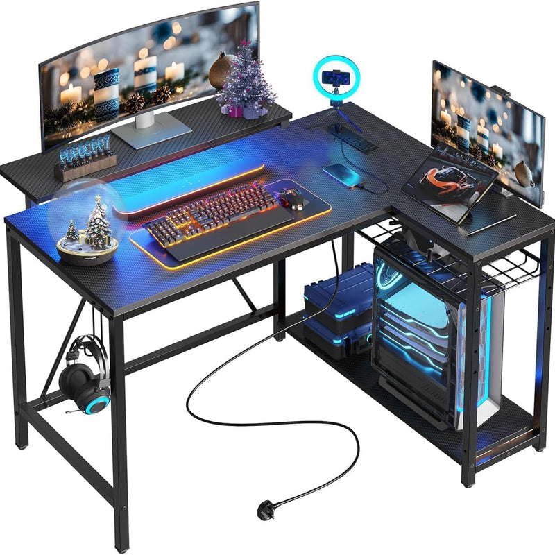 L-Shaped Gaming Desk with LED Lights & Power Outlets