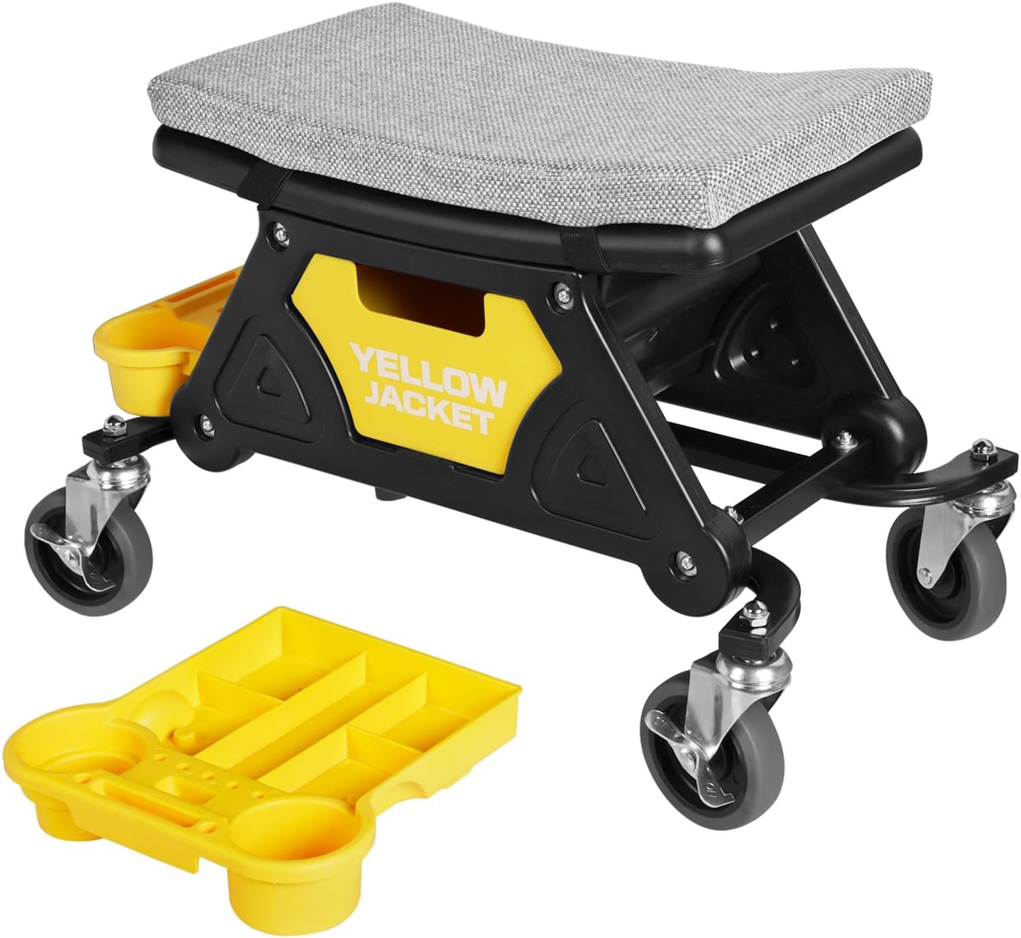 Mobile Mechanic Toolbox Seat with Drawers - Rolling Mechanic Stool with Sliding Tool Tray, Shop Stool with Wheels for Garage & Workshop, Auto Repair - Yellow 300 lb Rolling Mechanic Stool with Tool Trays