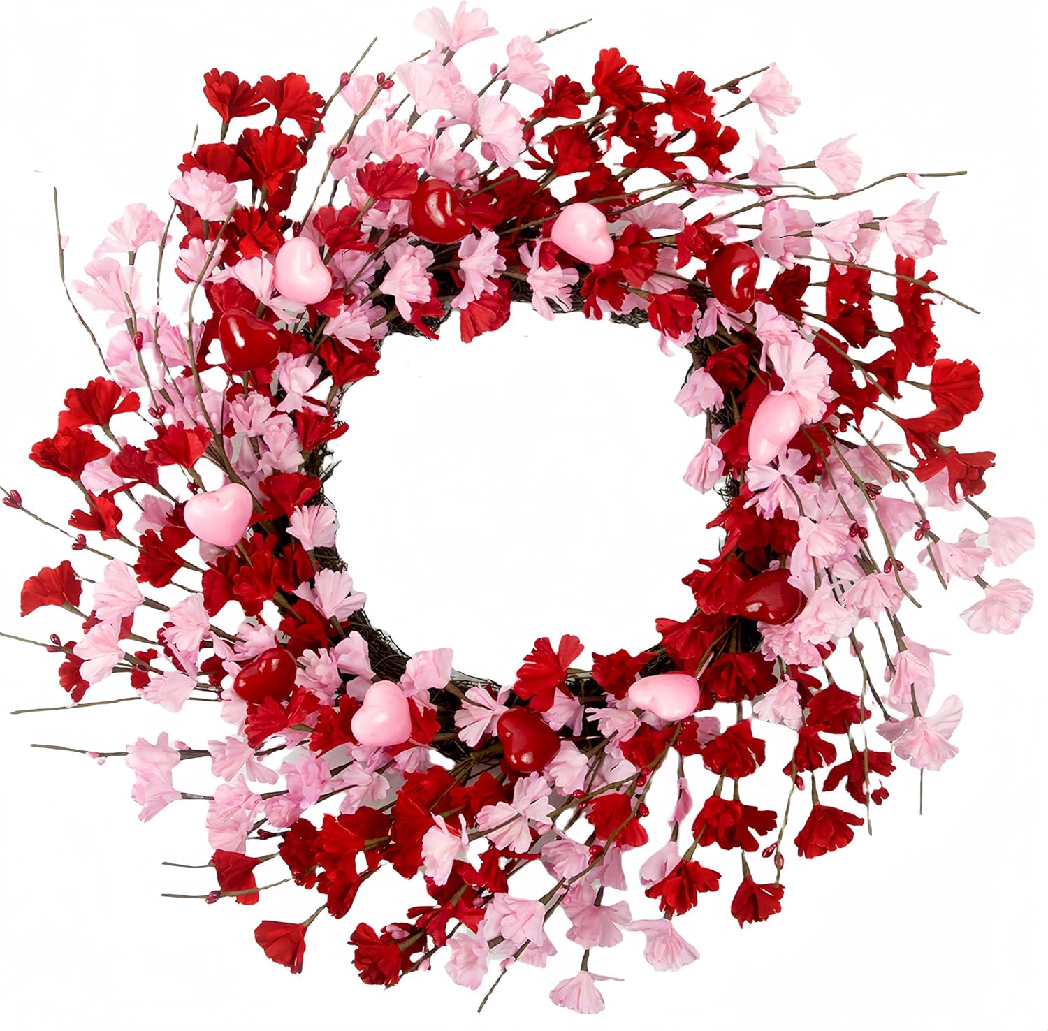 Valentine's Day Wreath for Front Door – Heart Shaped & Traditional Wreath with Red Rose, Berries & Eucalyptus Greenery, Farmhouse Wall Home Porch Decor - Red & Pink 20" Heart & Forsythia Valentine’s Wreath
