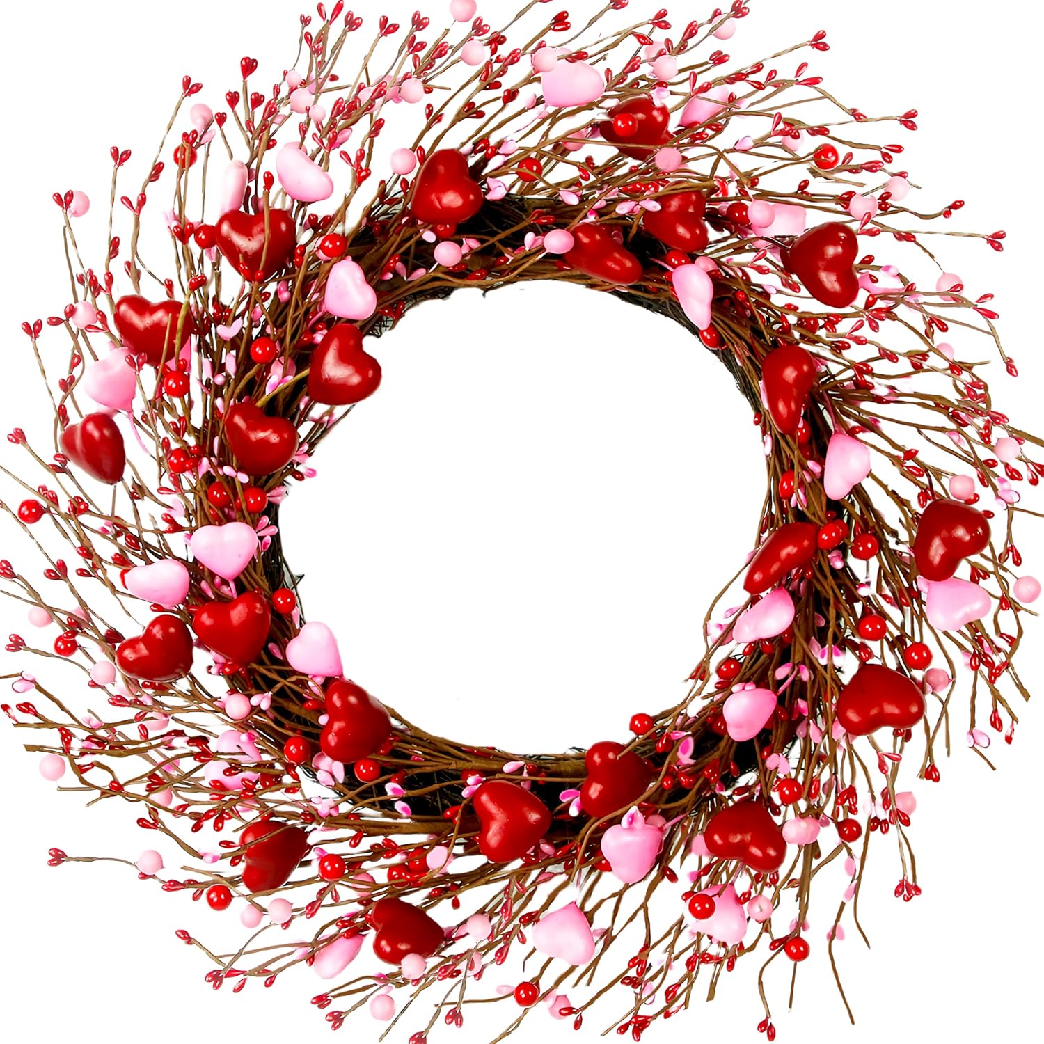 Valentine's Day Wreath for Front Door – Heart Shaped & Traditional Wreath with Red Rose, Berries & Eucalyptus Greenery, Farmhouse Wall Home Porch Decor - Red & Pink 20" Heart & Berry Valentine’s Wreath