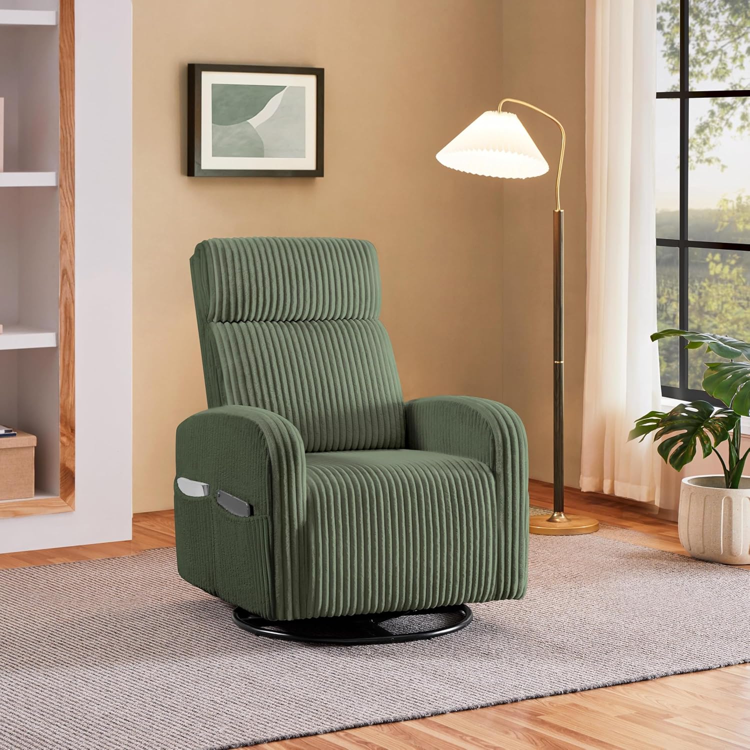 Swivel Accent Chair with Storage, 360 Degree Velvet Small Accent Chair, No Assembly Comfy Bedroom Chair for Living Room, Reading, Dressing Room - Dark Green (35"x27") Swivel Corduroy Nursery Glider Chair
