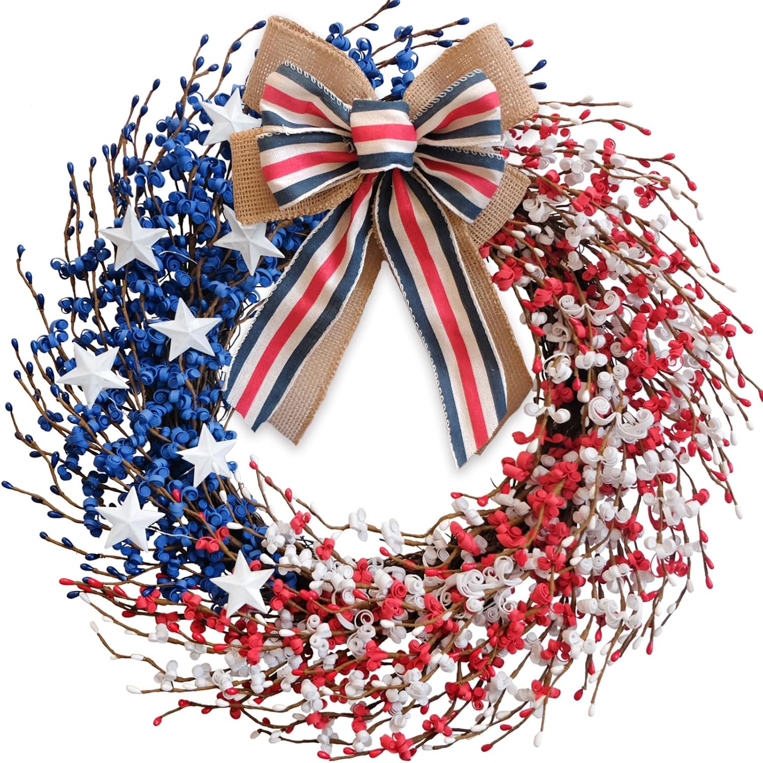 4TH OF JULY WREATH FOR FRONT DOOR – RED, WHITE & BLUE PATRIOTIC DÉCOR - Red & White & Blue 22" Patriotic Berry Wreath