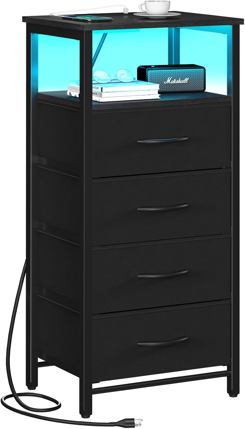 LED NIGHTSTAND WITH CHARGING STATION – TALL BEDSIDE TABLE WITH STORAGE DRAWERS - Black 4-Drawer RGB LED Nightstand with Charging Station
